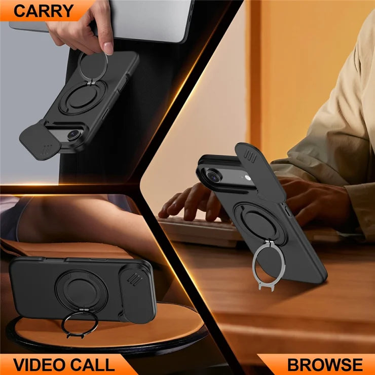iPhone Air Magnetic Case Ring Kickstand Slide Camera Cover TPU PC Hybrid Phone Shell - Black