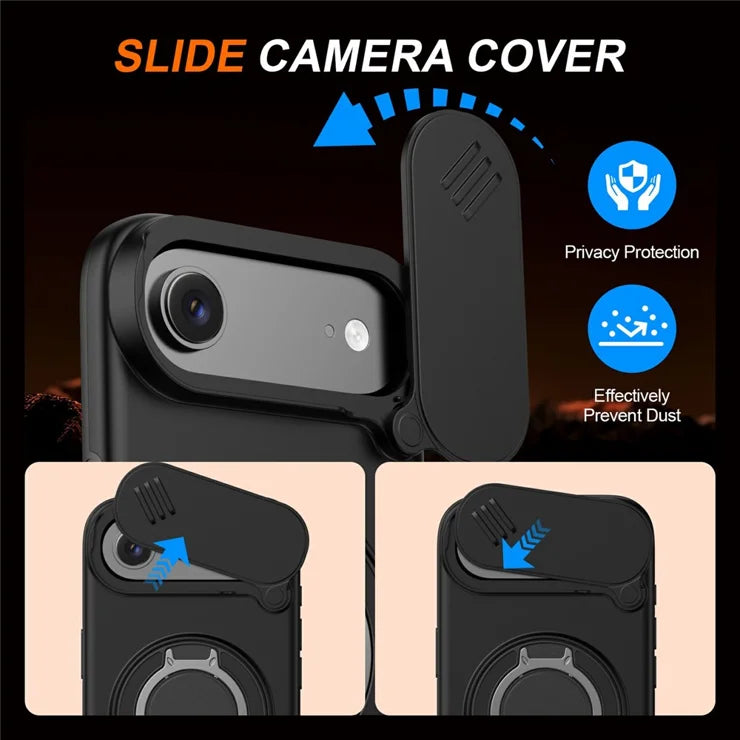iPhone Air Magnetic Case Ring Kickstand Slide Camera Cover TPU PC Hybrid Phone Shell - Black