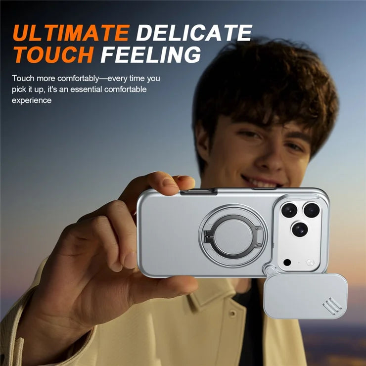 iPhone 17 Pro Magnetic Case Ring Kickstand Slide Camera Cover TPU PC Hybrid Phone Shell - Grey