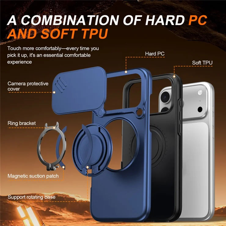 iPhone 17 Pro Magnetic Case Ring Kickstand Slide Camera Cover TPU PC Hybrid Phone Shell - Blue