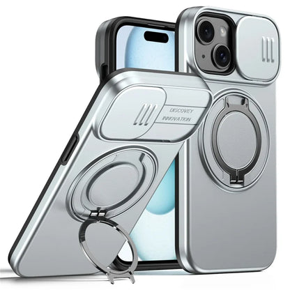 iPhone 15 Plus  /  14 Plus Ring Kickstand Slide Camera Cover TPU PC Hybrid Phone Shell - Grey