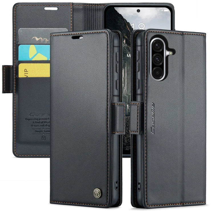 CASEME For Samsung Galaxy A56 5G Leather Case 023 RFID Blocking 3 Card Slot Mobile Cover - Black