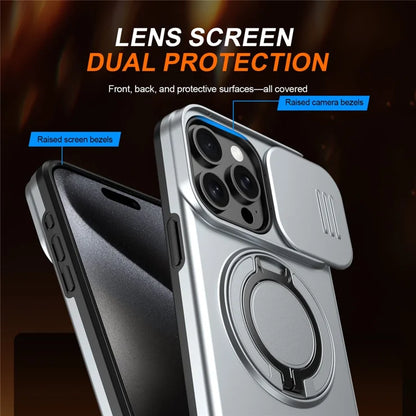 For iPhone 15 Pro Max Magnetic Case Ring Kickstand Slide Camera Cover TPU PC Hybrid Phone Shell - Grey