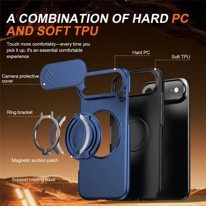 iPhone Air Magnetic Case Ring Kickstand Slide Camera Cover TPU PC Hybrid Phone Shell - Blue