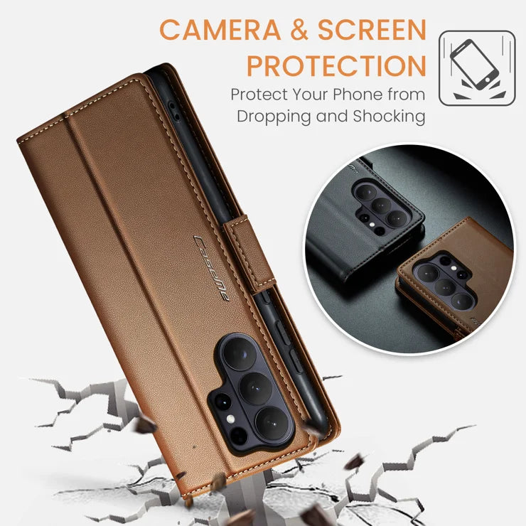 CASEME For Samsung Galaxy S26 Ultra Case 023 Series RFID Blocking Glossy Stand Phone Cover - Brown