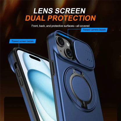 iPhone 15 Plus  /  14 Plus Ring Kickstand Slide Camera Cover TPU PC Hybrid Phone Shell - Blue