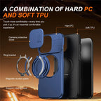 iPhone 16 Pro Case Magnetic Case Ring Kickstand Slide Camera Cover TPU PC Hybrid Phone Shell - Blue