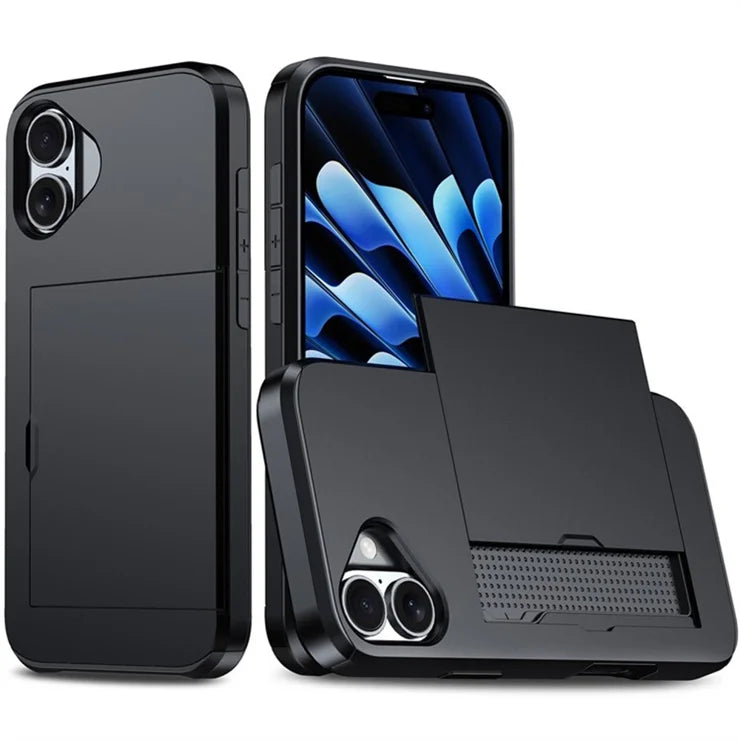 AMORUS For iPhone 16 Case with Sliding Card Holder PC TPU Phone Back Cover - Black
